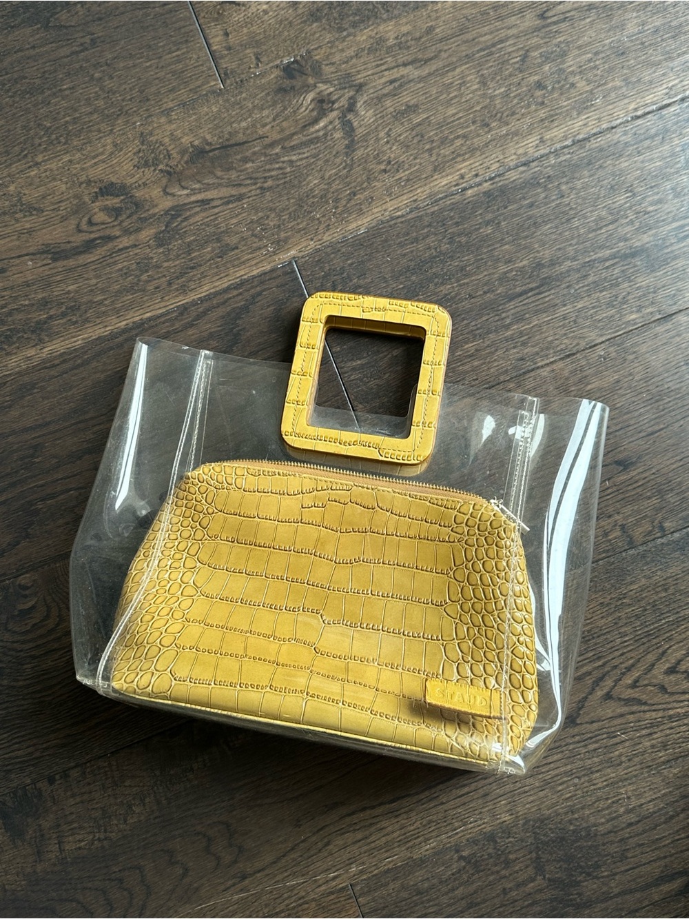 Staud Shirley PVC Clear Tote Bag with Leather Clutch Croc Embossed
